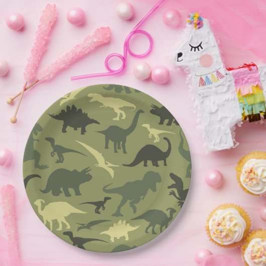 Dinosaurier-Muster, Dinosaurier-Silhouette, grüner Pappteller (Party)