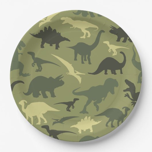 Dinosaurier-Muster, Dinosaurier-Silhouette, grüner Pappteller (Vorderseite)
