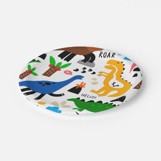 Dinosaurier-Muster Pappteller (Schrägansicht)