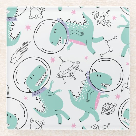 Dinosaurier, Niedliche Dinosaurier, Raumschiff, St Glasuntersetzer (Vorderseite)