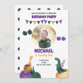 Dinosaurier Party Green Lila Dinomite Boy Geburtst Einladung (Vorne/Hinten)