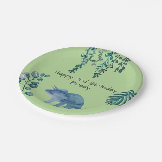 Dinosaurier Party Triceratops Green Pappteller (Schrägansicht)