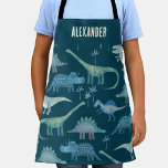 Dinosaurier Personalisiert Schürze<br><div class="desc">Viele blaue Dinosaurier,  Tyrannosaurus rex,  Spinosaurus,  Stegosaurus,  Diplodocus und Triceratops auf dunkelgrünem Hintergrund. Ändern Sie den Namen,  um ihn zu personalisieren. Originelle Kunst von Nic Squirrell.</div>