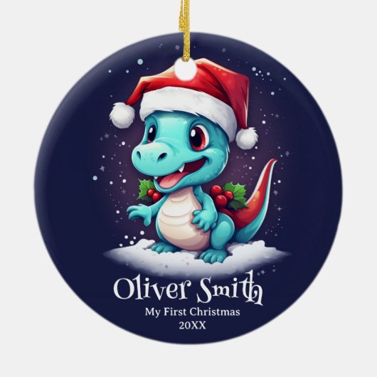 Dinosaurier Personalisierter Name Erster Weihnacht Keramik Ornament (Hinten)