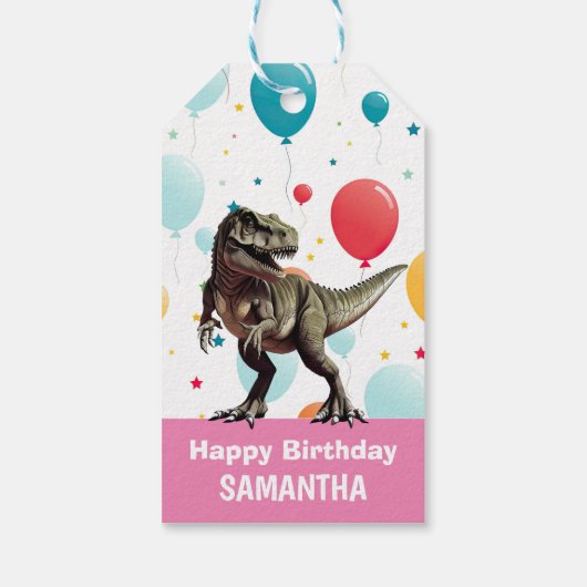 Dinosaurier Pink Party Balloons Geschenkanhänger (Rückseite)