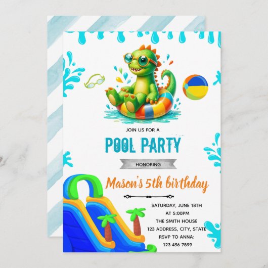 Dinosaurier Pool Einladung (Vorne/Hinten)