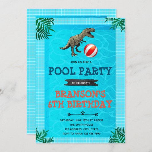Dinosaurier Pool Party Einladung (Vorne/Hinten)