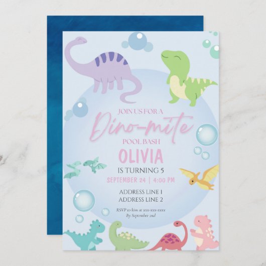 Dinosaurier-Pool Party Mädchen Geburtstag Einladung (Vorne/Hinten)
