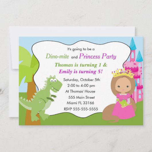 Dinosaurier Princess Einladung Kindergeburtstag Pa (Vorderseite)