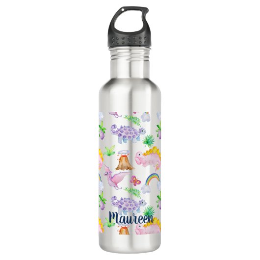 Dinosaurier-Regenbogen Wasserfarben-Muster Edelstahlflasche (Vorderseite)