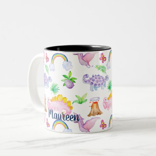 Dinosaurier-Regenbogen Wasserfarben-Muster Zweifarbige Tasse (Vorderseite Links)