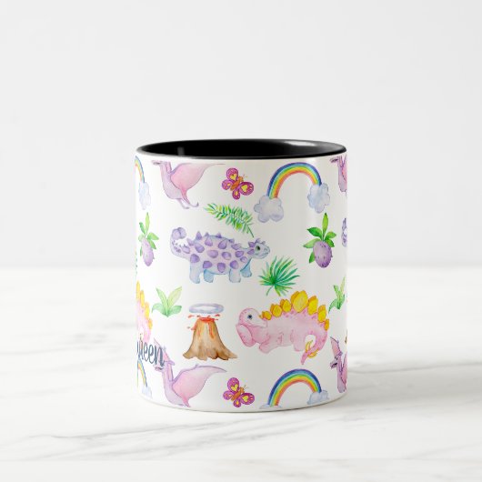 Dinosaurier-Regenbogen Wasserfarben-Muster Zweifarbige Tasse (Mittel)