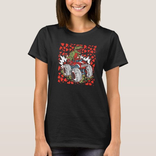 Dinosaurier Reiten Monster Truck Valentinstag Rex T-Shirt (Vorderseite)