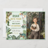 Dinosaurier Roar ins 4. Geburtstags-Party-Foto Einladung (Vorderseite)
