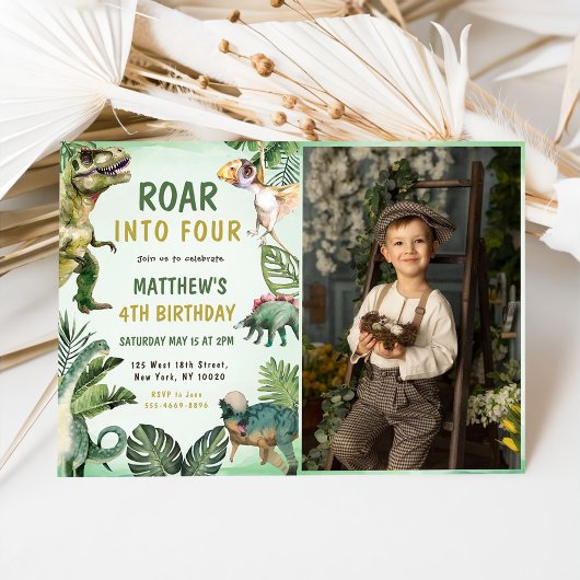 Dinosaurier Roar ins 4. Geburtstags-Party-Foto Einladung