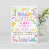 Dinosaurier Roar zum 4. Geburtstag Einladung (Stehend Vorderseite)