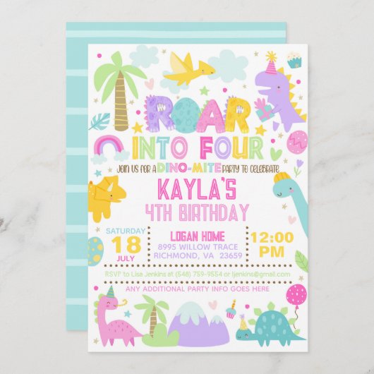 Dinosaurier Roar zum 4. Geburtstag Einladung (Vorne/Hinten)