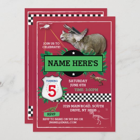 Dinosaurier Rote Polizist Fun T-Rex Blue Einladung (Vorne/Hinten)