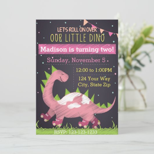 Dinosaurier Skate Geburtstagsfeier Einladung (Stehend Vorderseite)