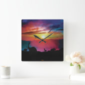 Dinosaurier-Sonnenuntergang Quadratische Wanduhr (Zuhause)