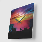Dinosaurier-Sonnenuntergang Quadratische Wanduhr (Winkel)