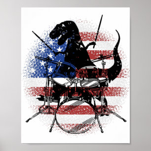 Dinosaurier spielen Schlagzeug US-Flagge Poster