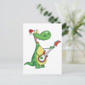 Dinosaurier spielt Gitarre mit Weihnachtsmannmütze Feiertagspostkarte (Stehend Vorderseite)