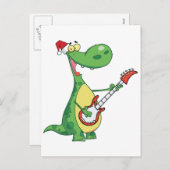 Dinosaurier spielt Gitarre mit Weihnachtsmannmütze Feiertagspostkarte (Vorne/Hinten)
