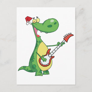 Dinosaurier spielt Gitarre mit Weihnachtsmannmütze Feiertagspostkarte