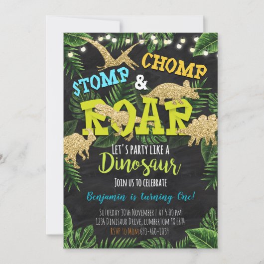 Dinosaurier Stomp & Chomp Einladung zum Geburtstag (Vorderseite)