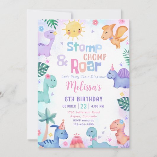 Dinosaurier Stomp, Chomp & Roar Einladung zum Gebu (Vorderseite)