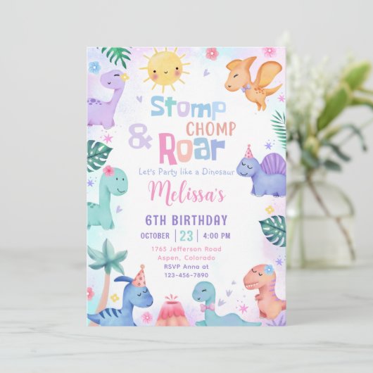 Dinosaurier Stomp, Chomp & Roar Einladung zum Gebu (Stehend Vorderseite)
