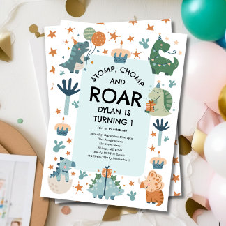 Dinosaurier Stomp Chomp und Roar Erster Geburtstag Einladung