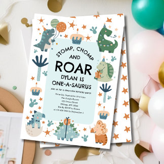 Dinosaurier Stomp Chomp und Roar Erster Geburtstag Einladung