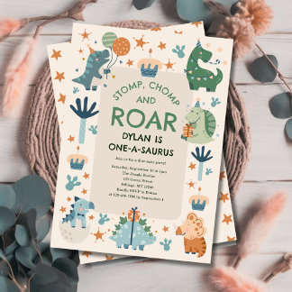 Dinosaurier Stomp Chomp und Roar Erster Geburtstag Einladung