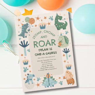 Dinosaurier Stomp Chomp und Roar Erster Geburtstag Einladung