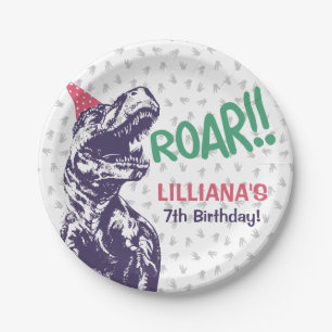 Dinosaurier T-Rex im Party-Hut-rosa u. lila Pappteller