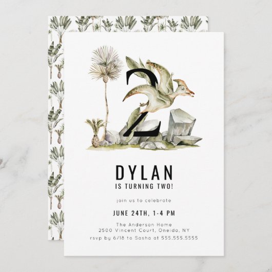 Dinosaurier Thema 2. Geburtstag Party Einladung (Vorne/Hinten)