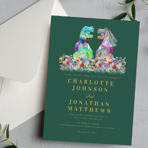 Dinosaurier Thema Bunte Wildblumen Grüne Hochzeit Einladung