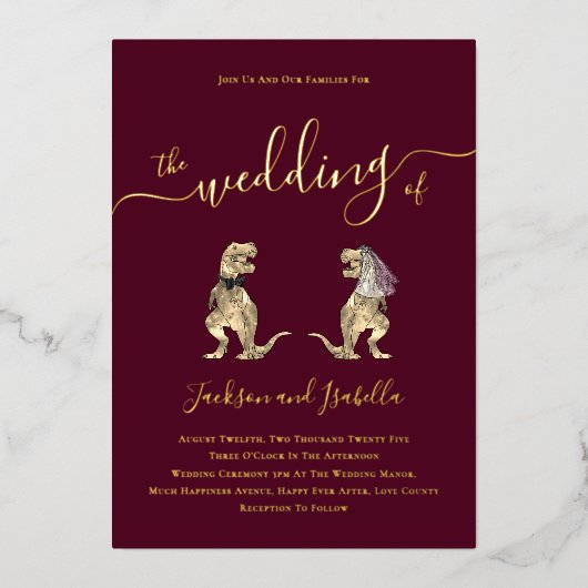 Dinosaurier Thema Hochzeit Burgund und Gold Folieneinladung (Vorderseite)