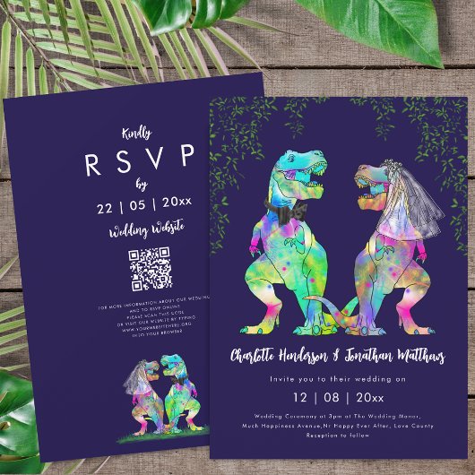 Dinosaurier-Thema Navy Blau Rosa Hochzeit QR-Code Einladung