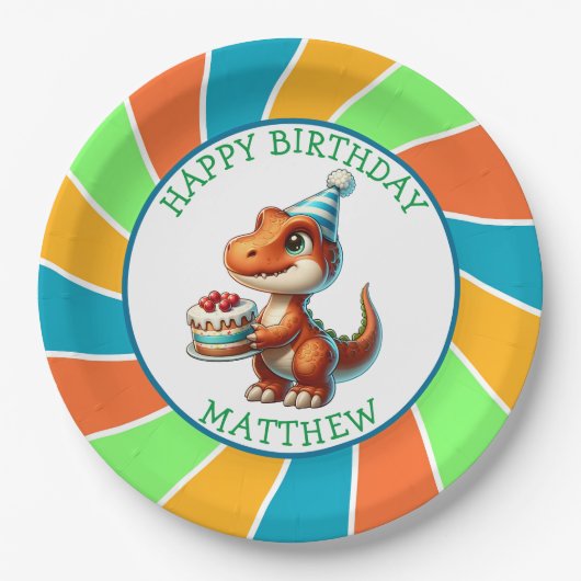 Dinosaurier thematisierte Kindergeburtsparty Perso Pappteller (Vorderseite)