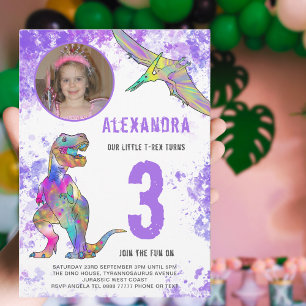 Dinosaurier-Themen-Foto zum 3. Geburtstag für Mädc Einladungspostkarte