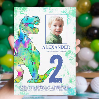 Dinosaurier-Themen-Party-Foto zum 2. Geburtstag Einladung