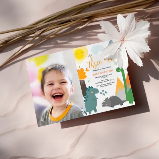 Dinosaurier Three Rex 3. Geburtstag Foto Party Einladung