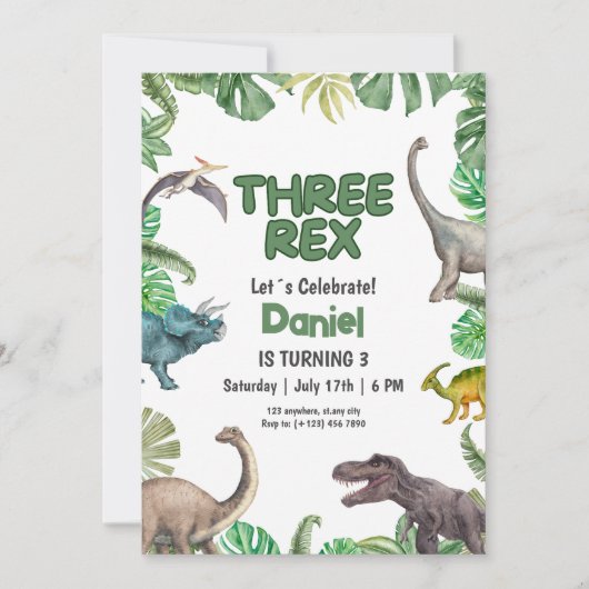 Dinosaurier Three rex Birthday Einladung T Rex Par (Vorderseite)