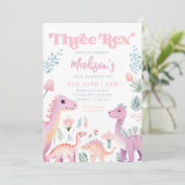 Dinosaurier Three Rex Girl Pink 3. Geburtstags-Par Einladung (Stehend Vorderseite)