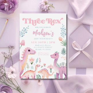 Dinosaurier Three Rex Girl Pink 3. Geburtstags-Par Einladung