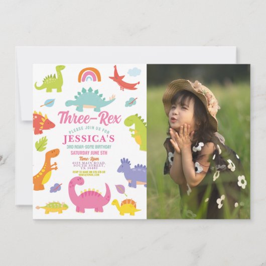 Dinosaurier Three Rex Niedlich Girls Pink Party Fo Einladung (Vorderseite)