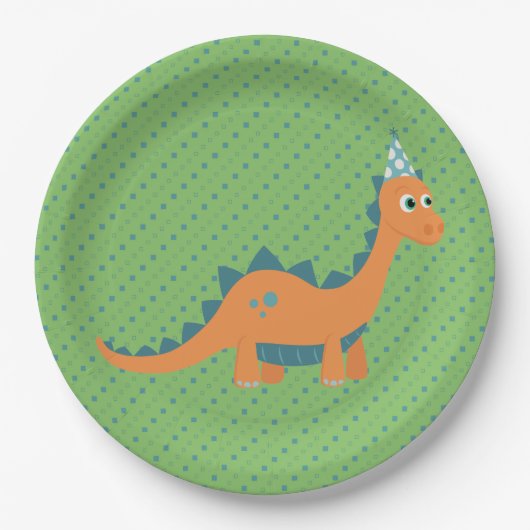 Dinosaurier-Tier mit grünem und orangefarbenem Car Pappteller (Vorderseite)